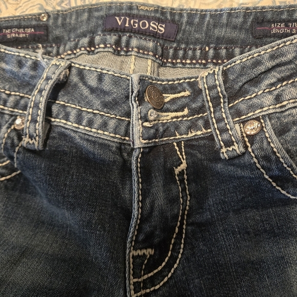 Y2K Vigoss Chelsea Straight Distressed Blue Jeans Women’s 7/8 Rhinestones Bling - Picture 4 of 16